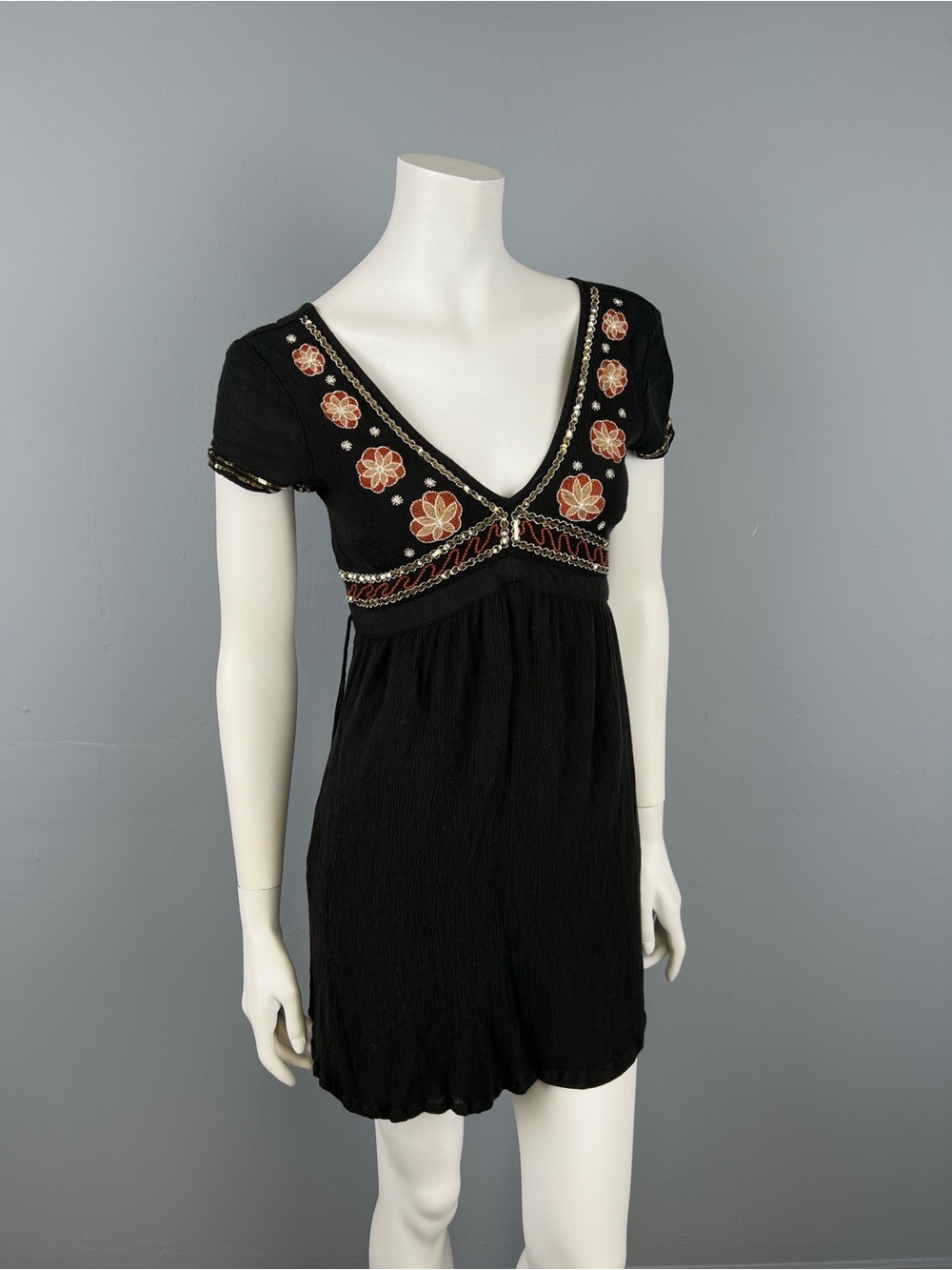 Black Embroidered V-Neck Short Dress with Back Tie Strings